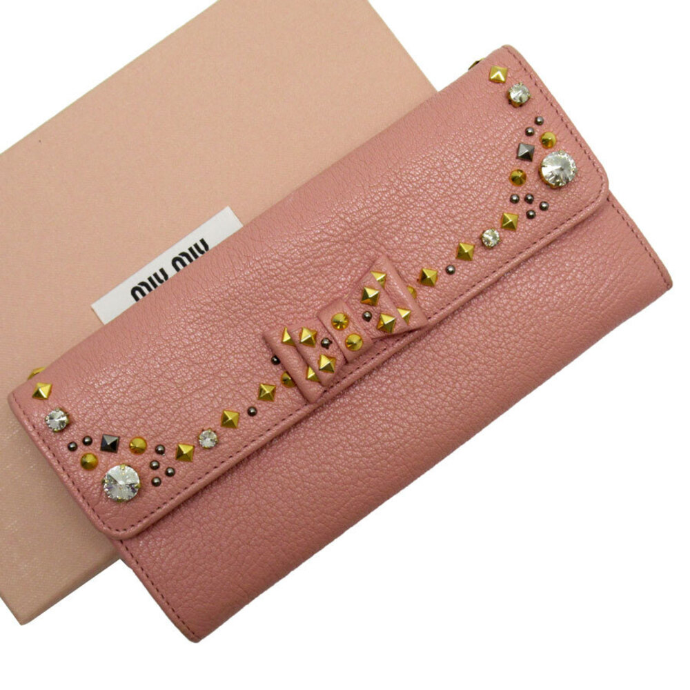 Miu MIu Leather Long Wallet Pink Gold